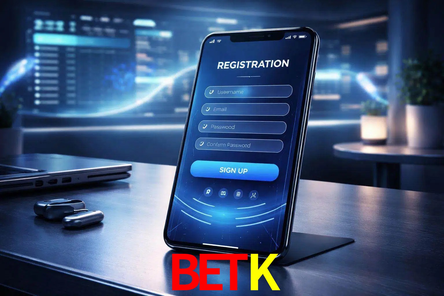 Una interfaz moderna de registro móvil para BETK mostrada en un smartphone con un panel de apuestas elegante.